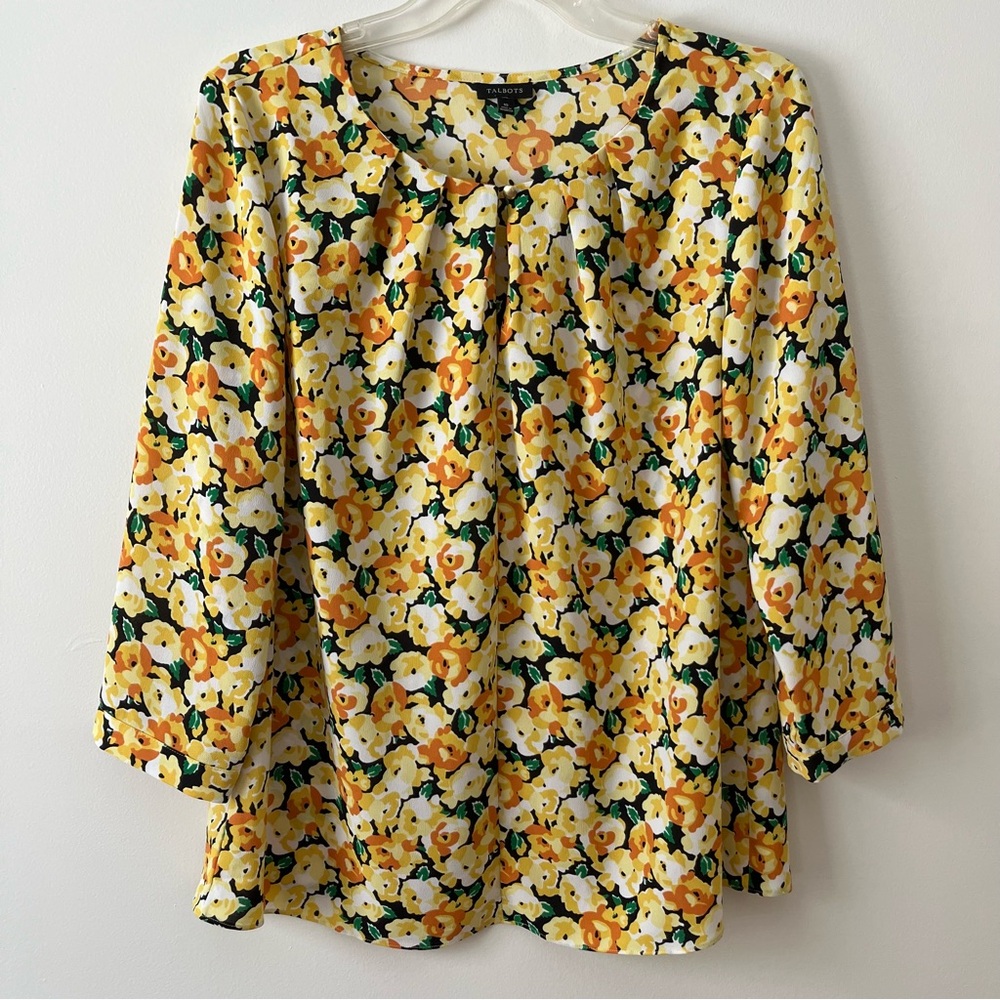 Talbots Floral Blouse 10 Yellow Round Neck Office Teacher Garden